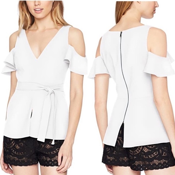 NWT BCBGMaxAzria Size XXS White V-neck Structured Peplum Top Zipper Back Belted - Picture 1 of 6
